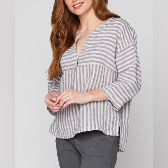 XCVI Gray 100% Linen Lagenlook Stripe V-Neck Boxy Loose Baggy Blouse L Comfort - Picture 1 of 9